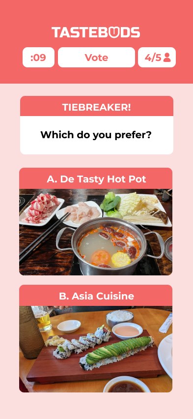 Tastebuds tiebreaker screen comparing two restaurants