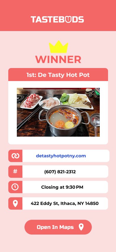 Tastebuds winner screen for De Tasty Hot Pot with website, phone, hours and address