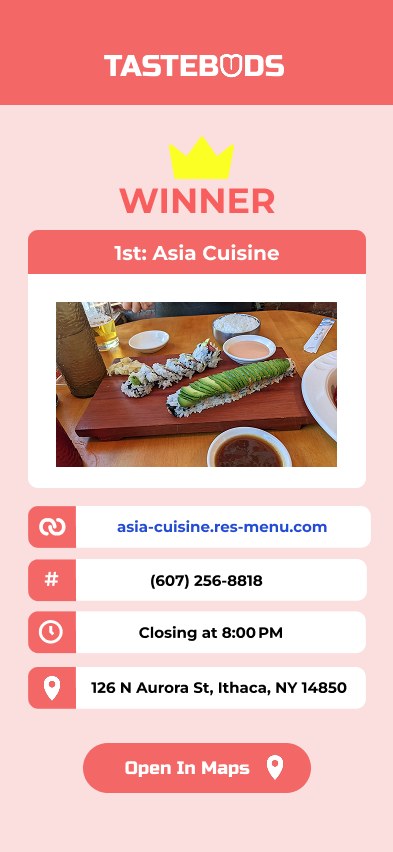 Tastebuds winner screen for Asia Cuisine with website, phone, hours and address