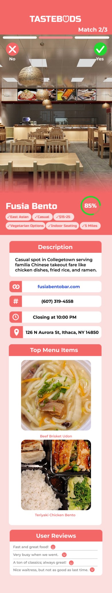 Tastebuds restaurant match card for Fusia Bento