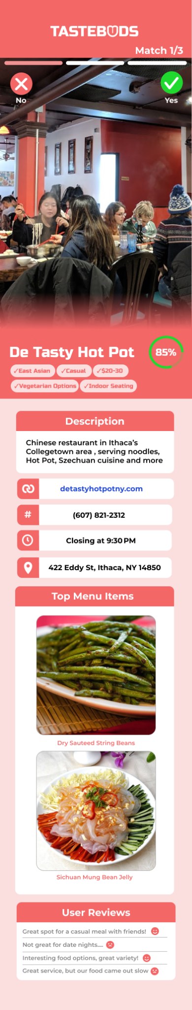 Tastebuds restaurant match card for De Tasty Hot Pot with an 85 percent match score