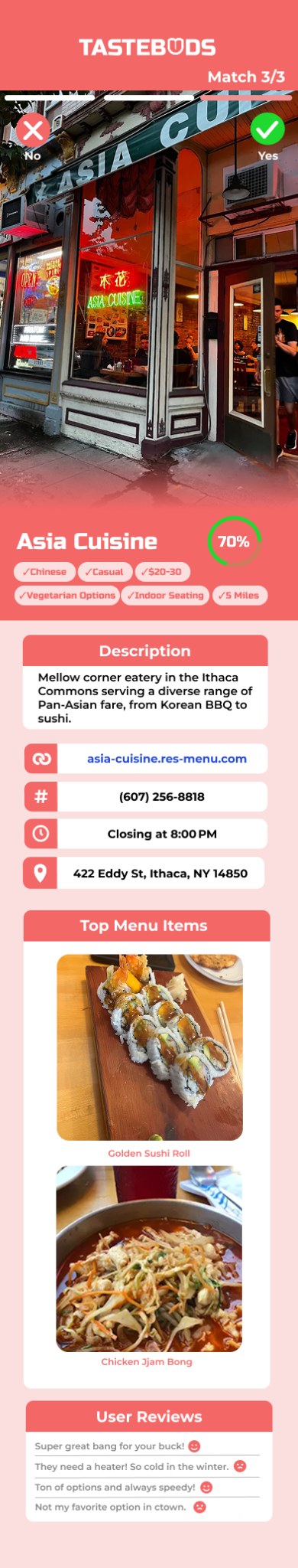 Tastebuds restaurant match card for Asia Cuisine