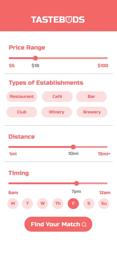 Tastebuds settings screen with price range, establishment types, distance and timing controls