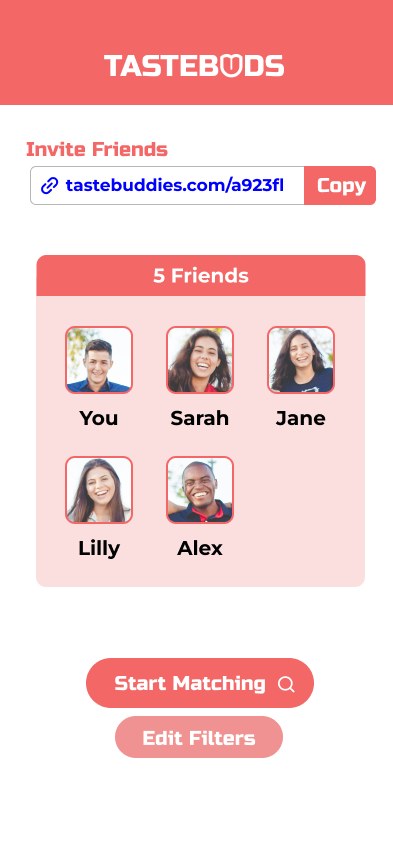 Tastebuds invite friends screen showing a shareable link and five joined participants